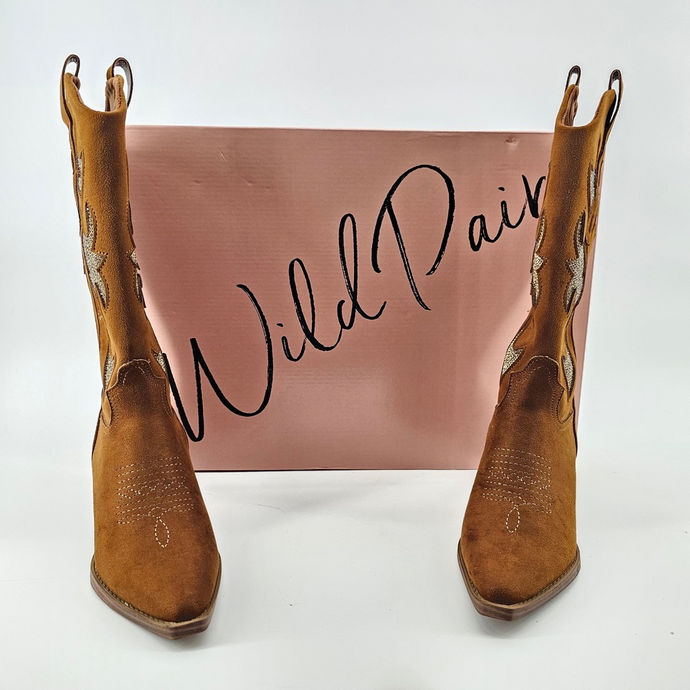 Wild Pair Lucah Western Boots 5M Brown Rhinestone Flame Pointed Toe Block NIB